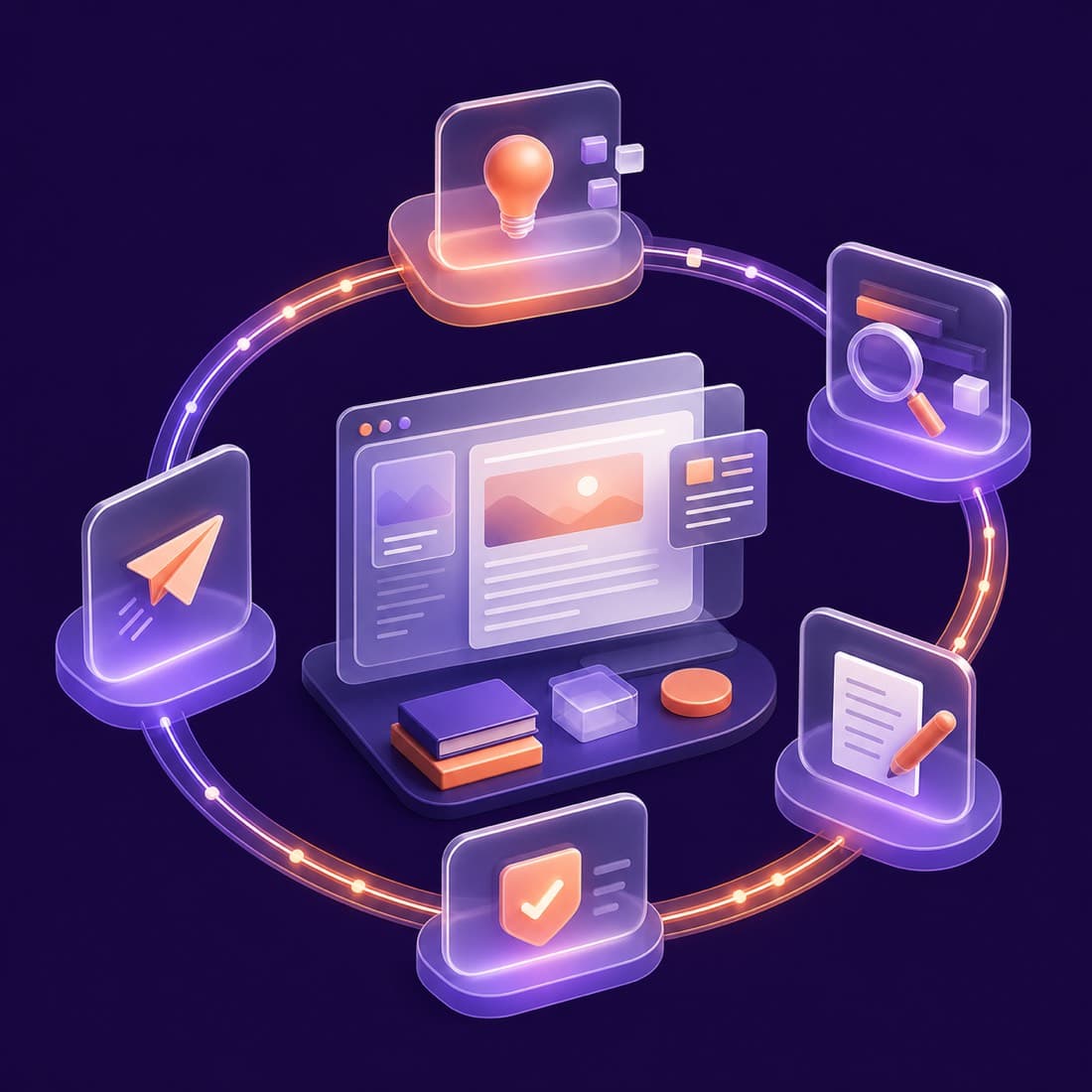 An AI content operation moving from ideas to publishing